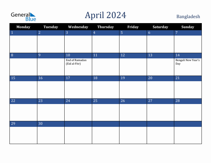 April 2024 Bangladesh Calendar (Monday Start)