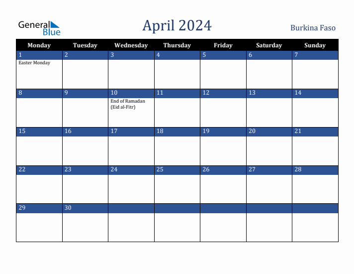 April 2024 Burkina Faso Calendar (Monday Start)