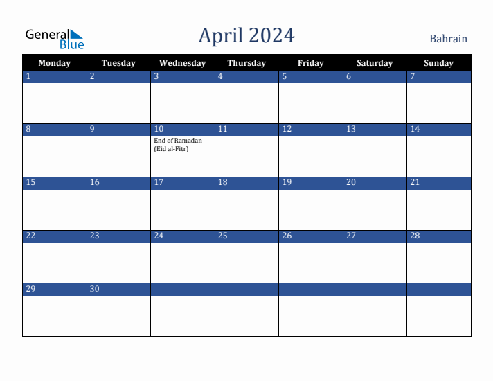 April 2024 Bahrain Calendar (Monday Start)