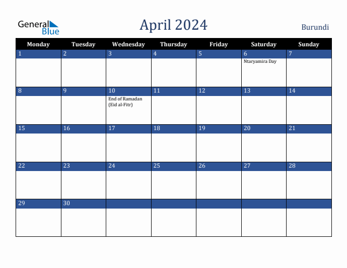 April 2024 Burundi Calendar (Monday Start)