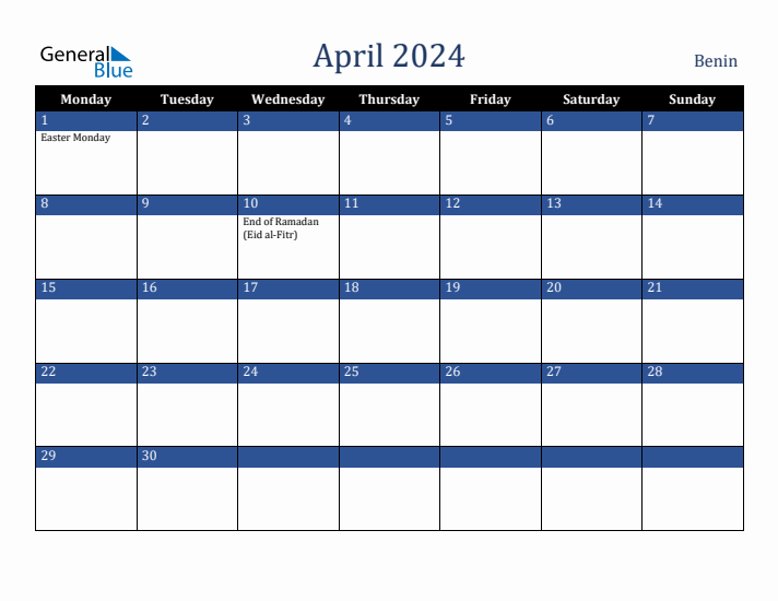 April 2024 Benin Calendar (Monday Start)