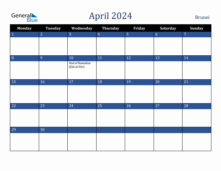 April 2024 Brunei Calendar (Monday Start)