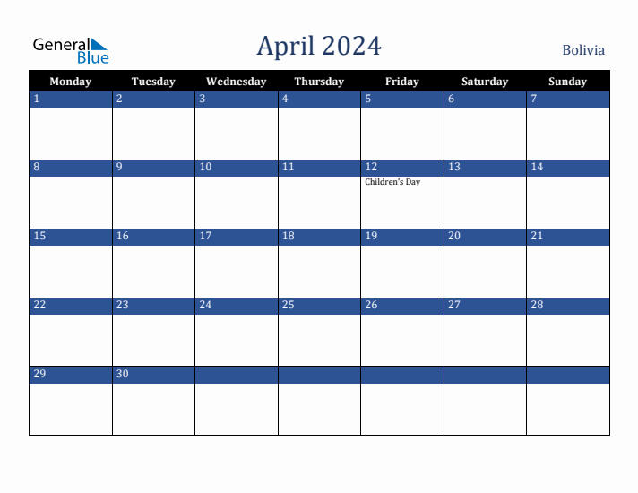 April 2024 Bolivia Calendar (Monday Start)