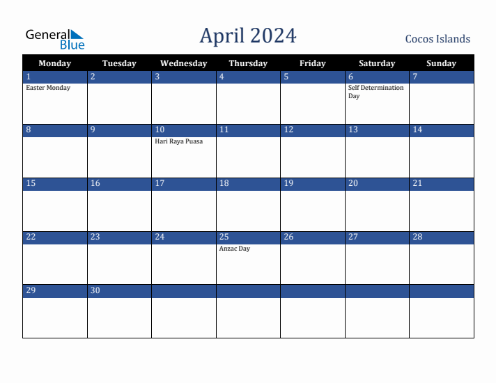 April 2024 Cocos Islands Calendar (Monday Start)