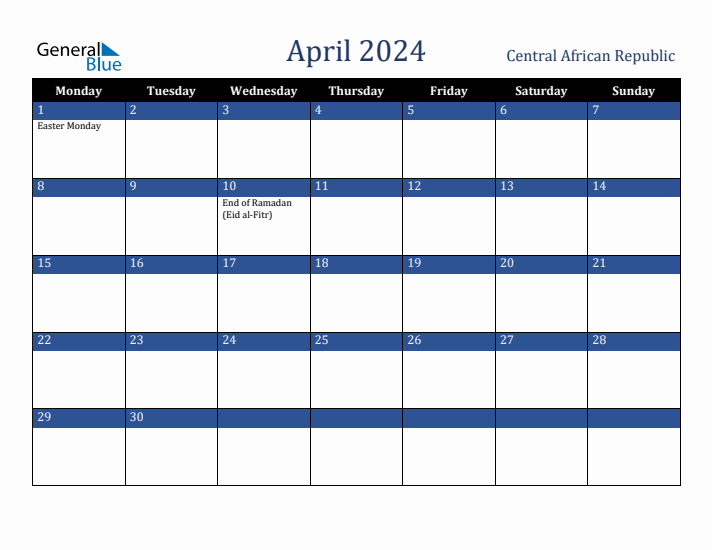 April 2024 Central African Republic Calendar (Monday Start)