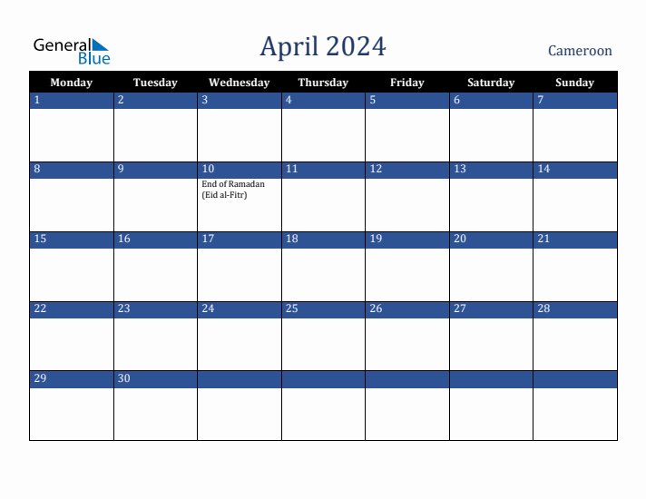 April 2024 Cameroon Calendar (Monday Start)