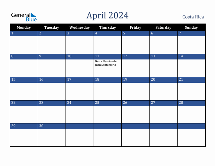 April 2024 Costa Rica Monthly Calendar with Holidays