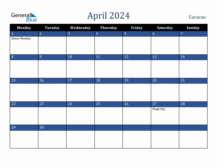 April 2024 Curacao Calendar (Monday Start)