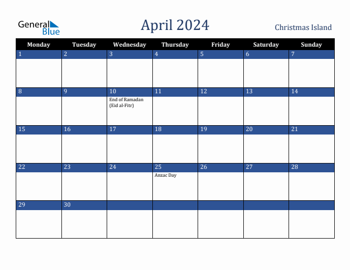 April 2024 Christmas Island Calendar (Monday Start)