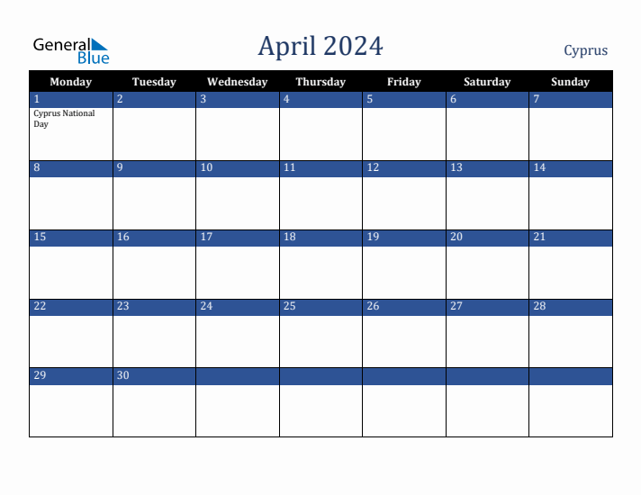 April 2024 Cyprus Calendar (Monday Start)