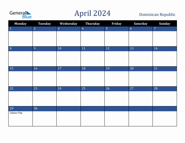 April 2024 Dominican Republic Calendar (Monday Start)