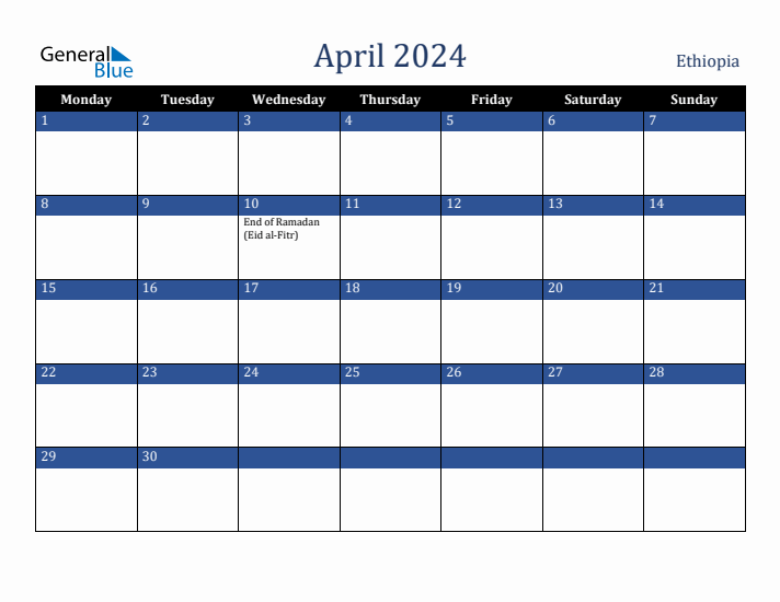April 2024 Ethiopia Calendar (Monday Start)