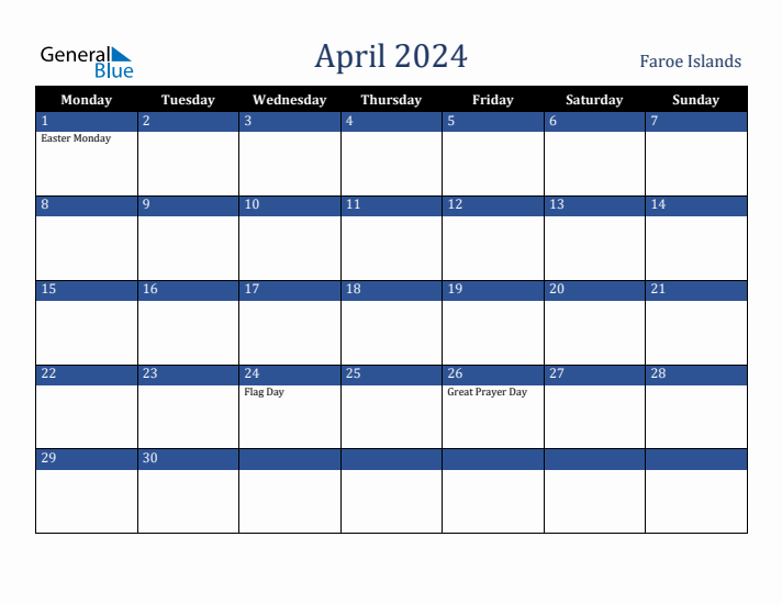 April 2024 Faroe Islands Calendar (Monday Start)