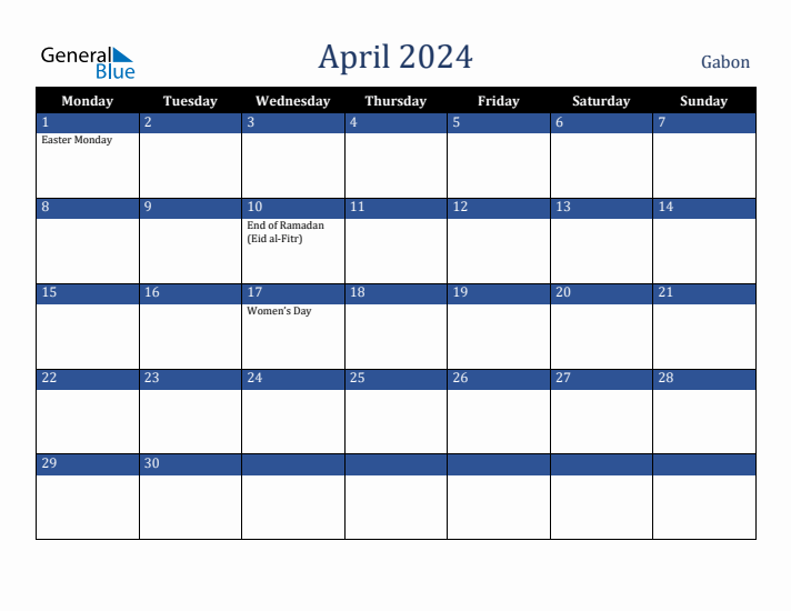 April 2024 Gabon Calendar (Monday Start)
