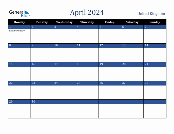 April 2024 United Kingdom Calendar (Monday Start)