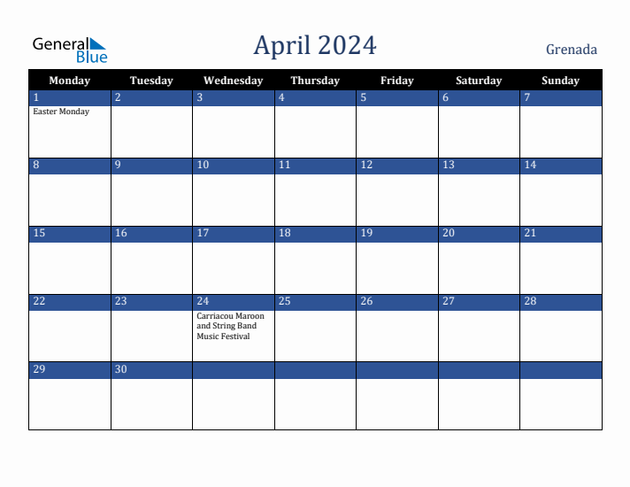 April 2024 Grenada Calendar (Monday Start)