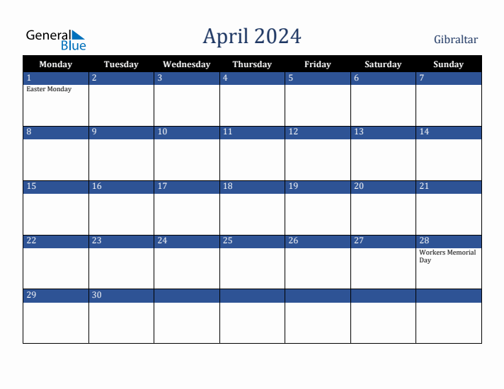 April 2024 Gibraltar Calendar (Monday Start)