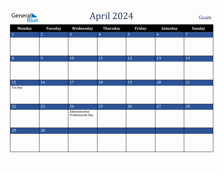 April 2024 Guam Calendar (Monday Start)