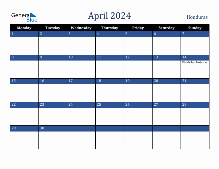 April 2024 Honduras Calendar (Monday Start)