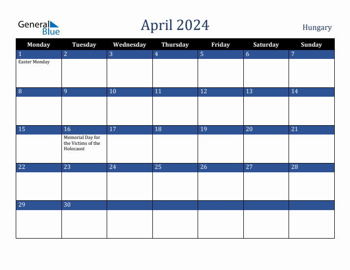 April 2024 Hungary Calendar (Monday Start)