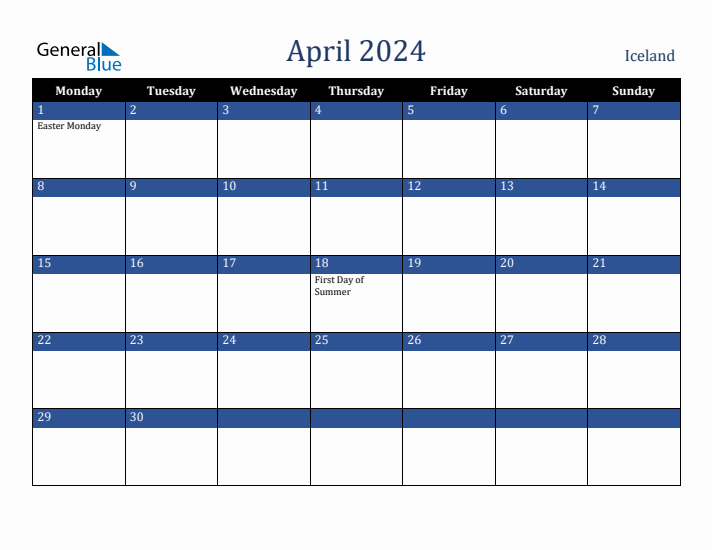 April 2024 Iceland Calendar (Monday Start)