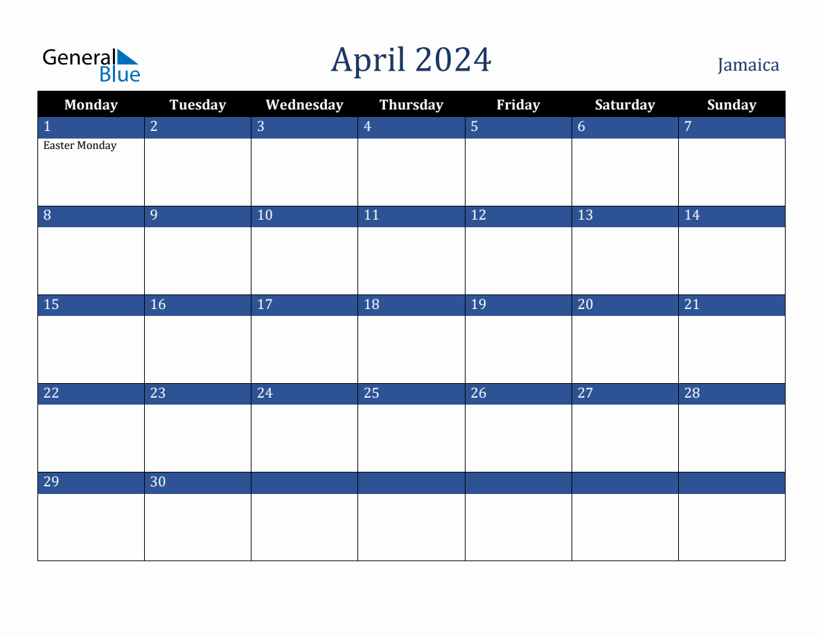 April 2024 Jamaica Holiday Calendar