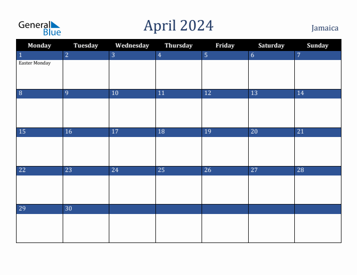 April 2024 Jamaica Calendar (Monday Start)