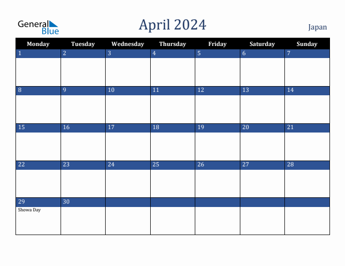 April 2024 Japan Calendar (Monday Start)