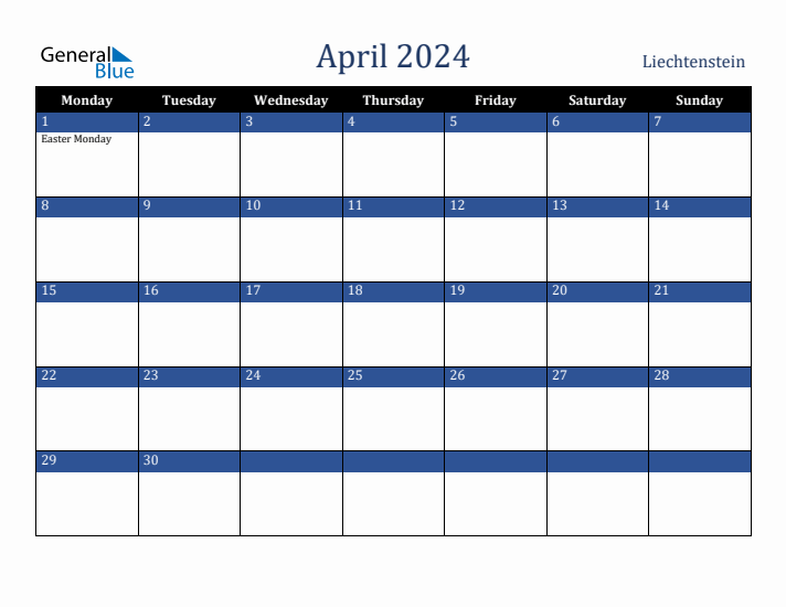 April 2024 Liechtenstein Calendar (Monday Start)