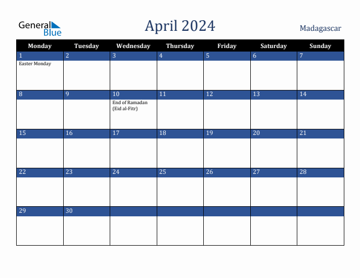 April 2024 Madagascar Calendar (Monday Start)