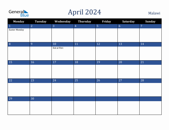 April 2024 Malawi Calendar (Monday Start)