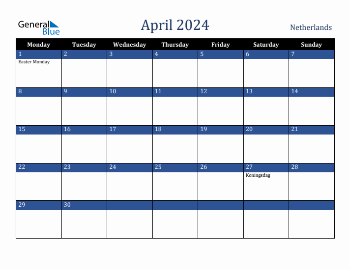April 2024 The Netherlands Calendar (Monday Start)