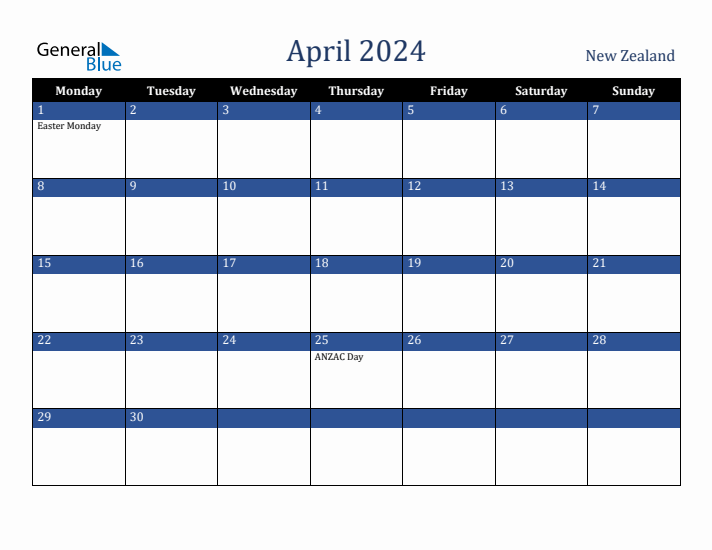 April 2024 New Zealand Calendar (Monday Start)