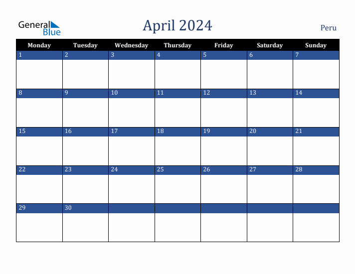 April 2024 Peru Calendar (Monday Start)