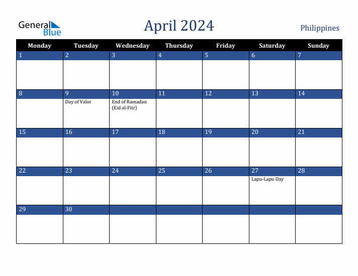 April 2024 Philippines Calendar (Monday Start)