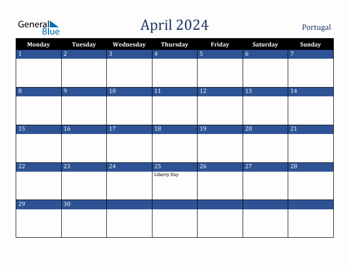 April 2024 Portugal Calendar (Monday Start)