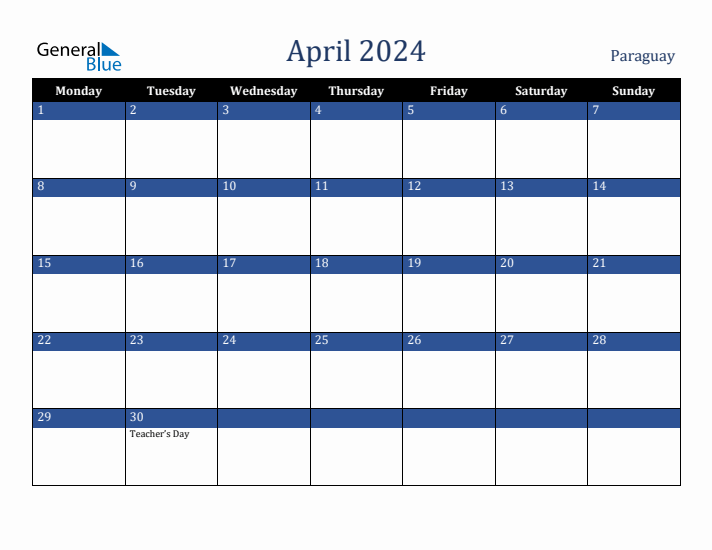 April 2024 Paraguay Calendar (Monday Start)