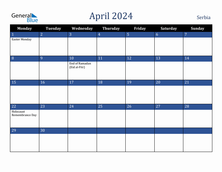 April 2024 Serbia Calendar (Monday Start)