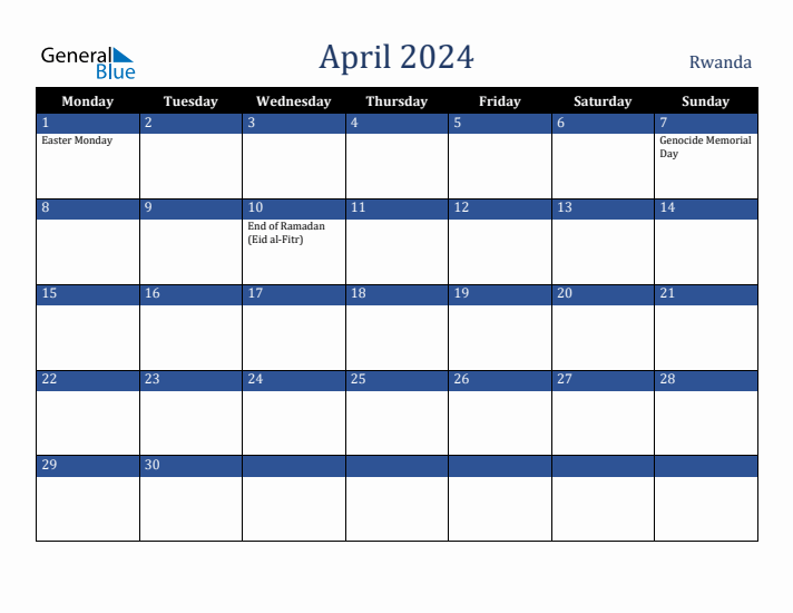 April 2024 Rwanda Calendar (Monday Start)