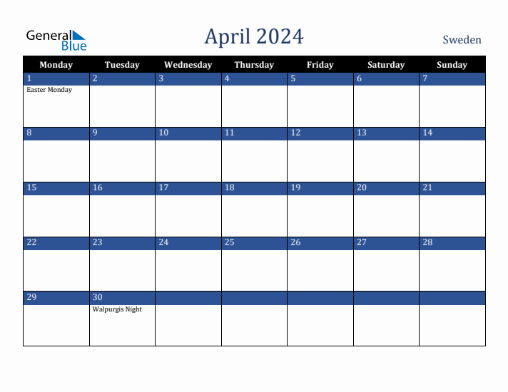 April 2024 Sweden Calendar (Monday Start)