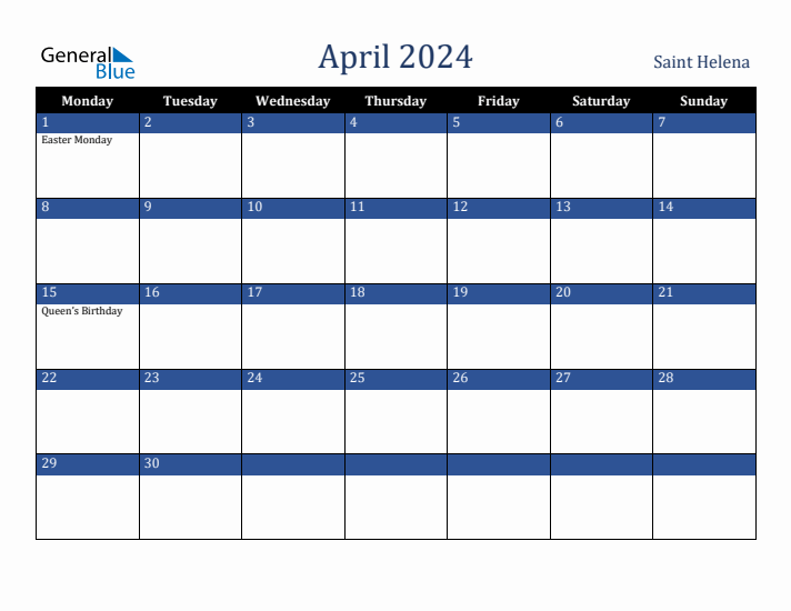 April 2024 Saint Helena Calendar (Monday Start)