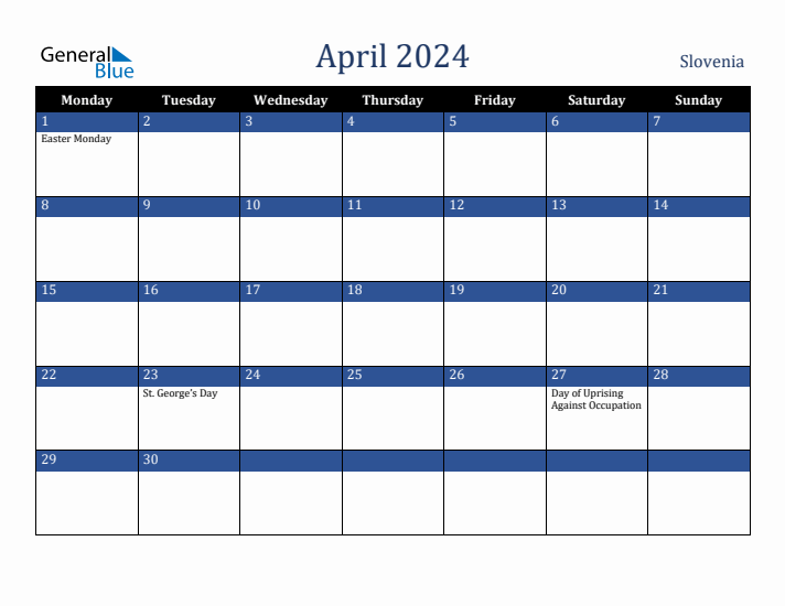 April 2024 Slovenia Calendar (Monday Start)