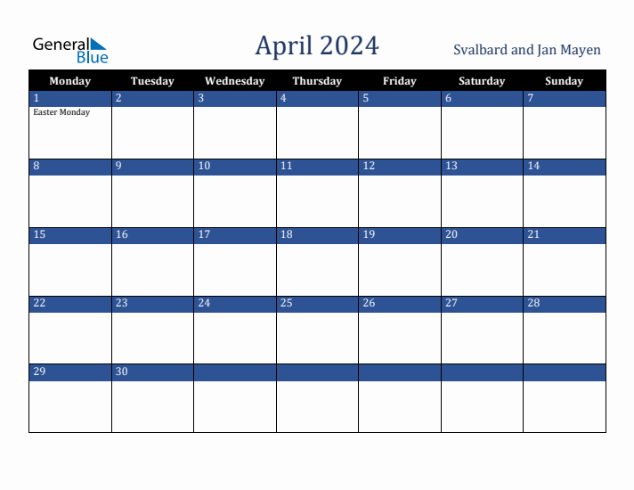 April 2024 Svalbard and Jan Mayen Calendar (Monday Start)