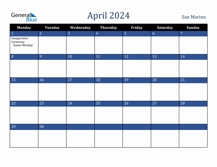 April 2024 San Marino Calendar (Monday Start)