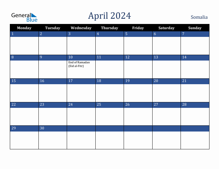 April 2024 Somalia Calendar (Monday Start)
