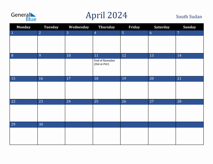 April 2024 South Sudan Calendar (Monday Start)