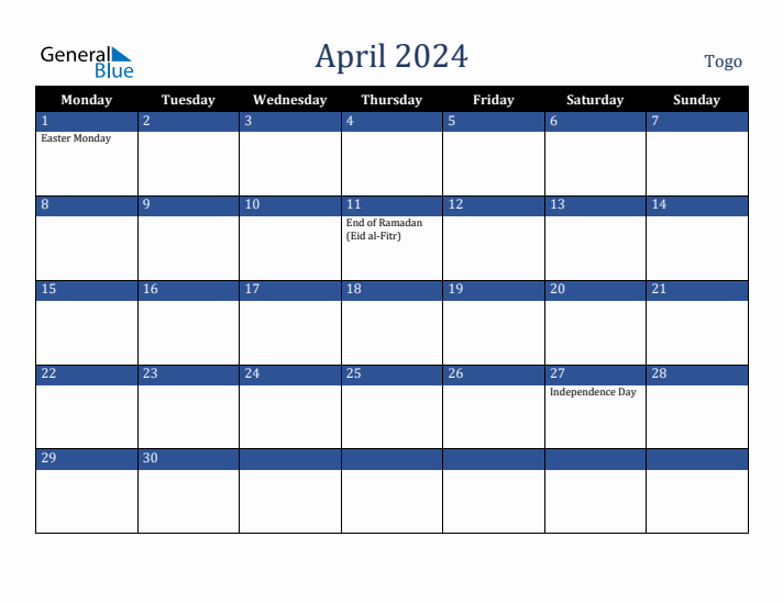 April 2024 Togo Calendar (Monday Start)