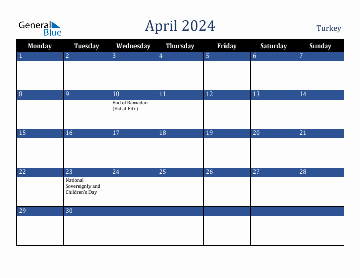 April 2024 Turkey Monthly Calendar with Holidays