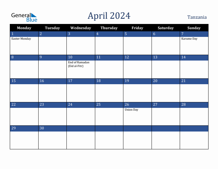 April 2024 Tanzania Calendar (Monday Start)