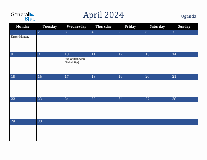 April 2024 Uganda Calendar (Monday Start)
